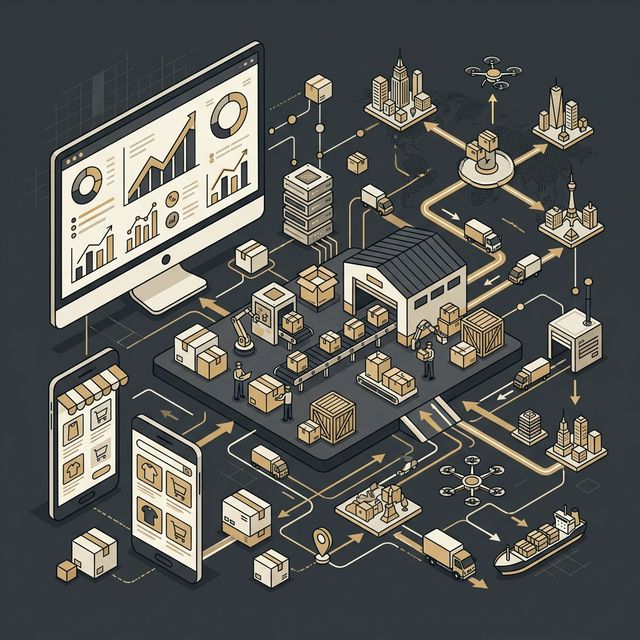 Digital commerce operations illustration showing ecommerce dashboards, product fulfillment, and distribution networks